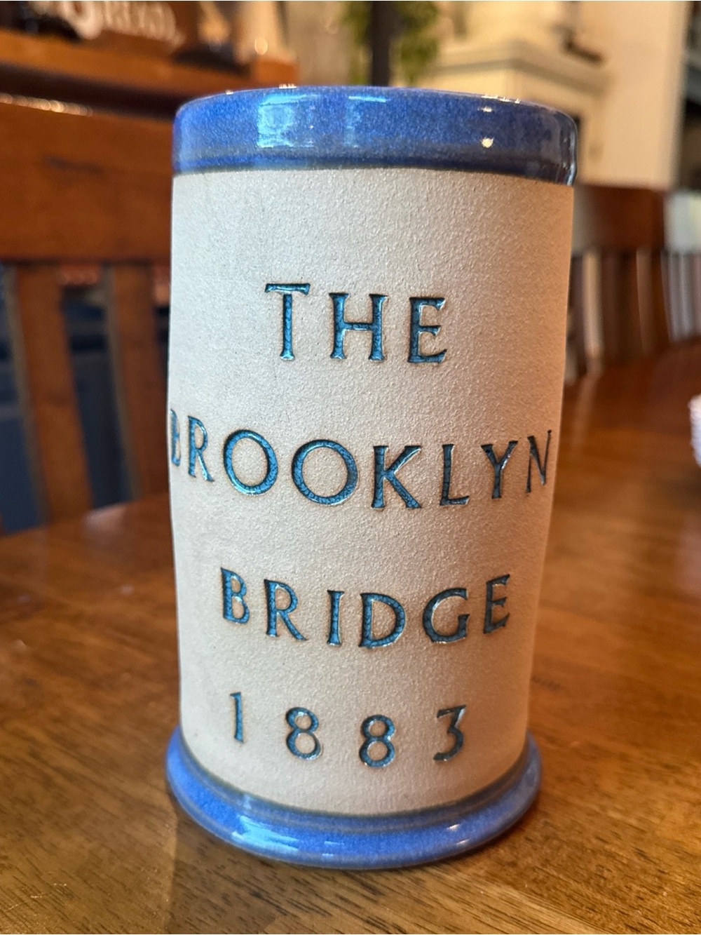 Studio art pottery 'The Brooklyn Bridge 1883' Utensil Crock vase - Tan and Blue